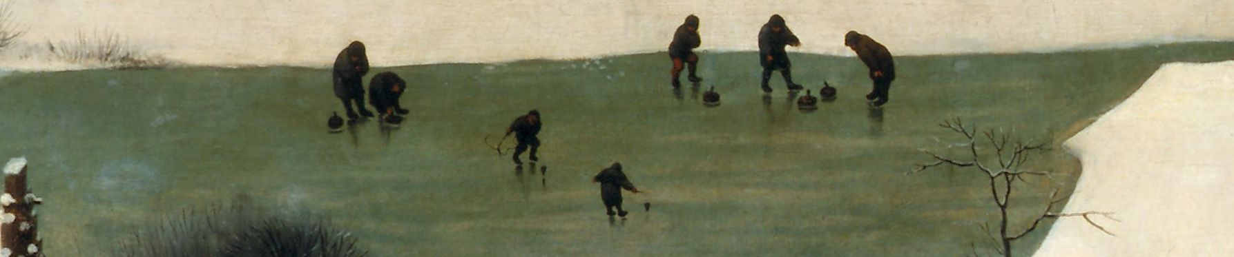 Ausschnitt aus dem Bild von Pieter Bruegel dem Älteren, die Jäger im Schnee: Kinder die mit Peitschenkreiseln auf dem Eis spielen.