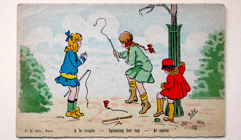 Postkarte mit Zeichnung: 3 Mädchen mit Peitschenkriesel