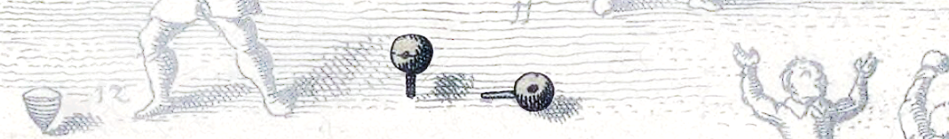 Ausschnitt aus dem Straßburger Spielbild, bearbeitet: 2 Brummkreisel, einer aufrecht drehend, einer liegend tot.