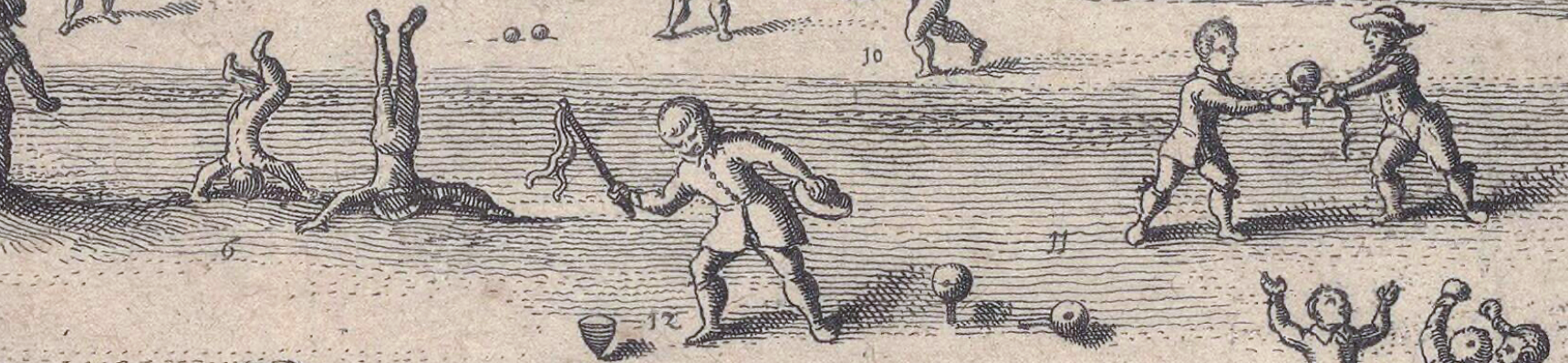 Ausschnitt aus einem alten Stich von 1632 mit Kinderspiel-Szenen, in der Mitte ein Junge mit Peitschenkreisel
