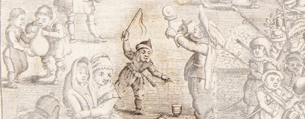 Ausschnitt aus einem Kupferstich: in der Mitte ein Junge mit Peitschenkreisel, andere Gestalten darum herum