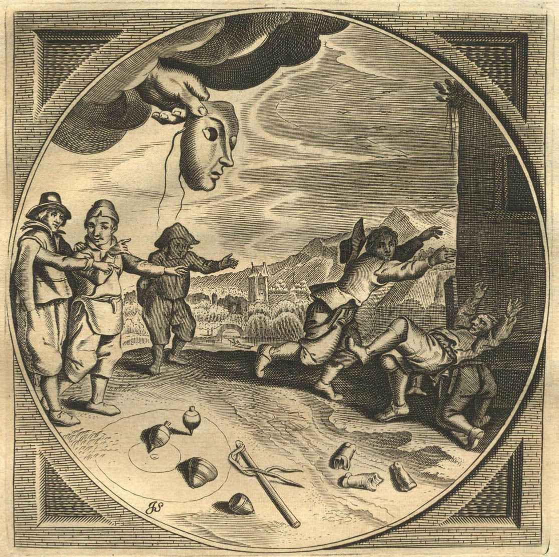 Kupferstich von Jan Swelinck: aus der Wolke kommt eine Hand mit einer Maske, vorn liegen Kreisel und Peitsche, 3 Kinder stehen dabei, 3 rennen ängstlich weg und stolpern übereinander.